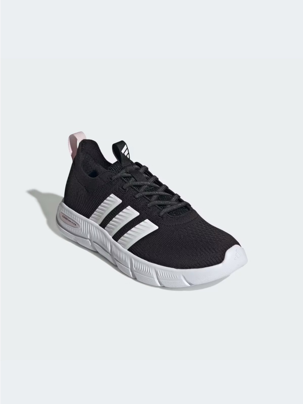 adidas Black Knit Running Shoe with White Stripes and Pink Heel Tab